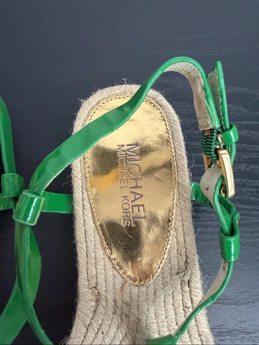 Michael Kors Green Leather MK Medallion Espadrille Sandals